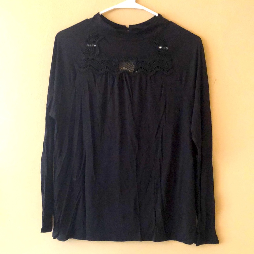 Loft Mock Lace Neck Black Long Sleeve Shirt